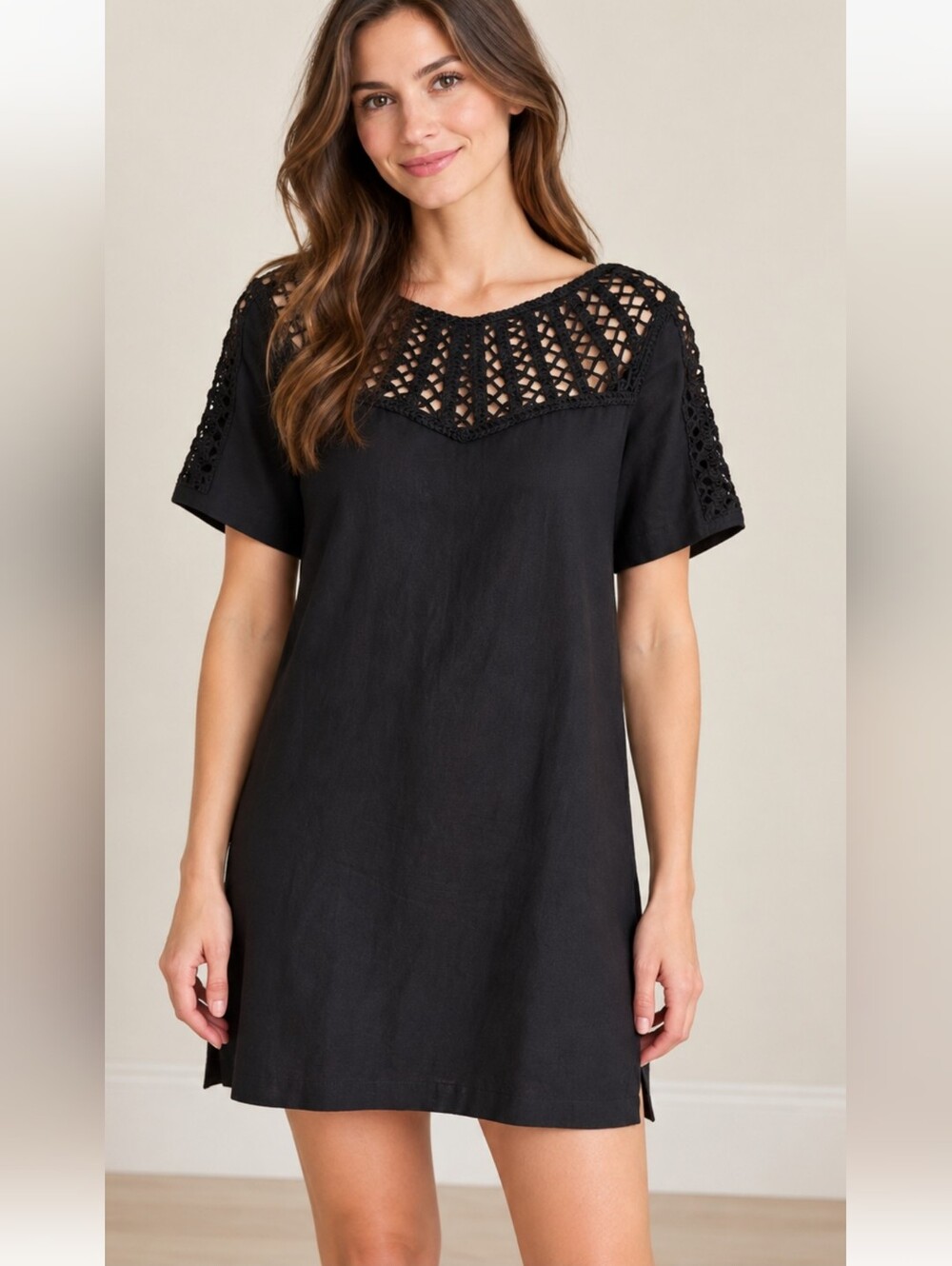 Anthropologie Maeve Black Crochet Yoke Linen Blend Shift Dress XXS